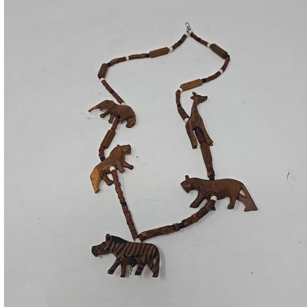 Vtg ethnic safari wood hand carved african beaded necklace folk art earthy‎